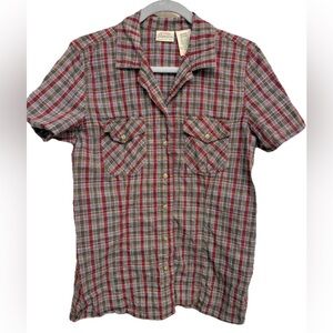 St. John’s Bay Women’s Plaid Button Up Shirt Medium Red Gray Cotton Short Sleeve